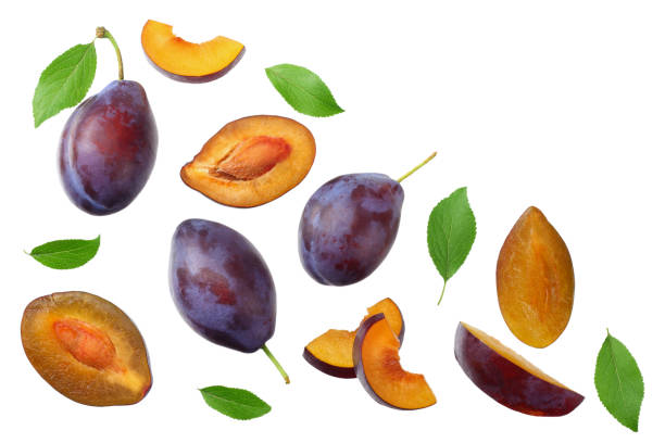 istock fresh plum fruit with green leaf and cut plum slices isolated on white background. top view 1187017707