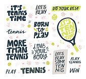 Play tennis hand drawn vector letterings set. Motivational sport slogans with tennis balls and racket on white background. Competitive game, healthy lifestyle concept. T shirt print design