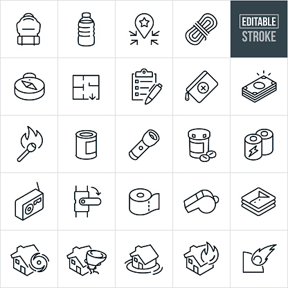 A set of emergency preparedness icons that include editable strokes or outlines using the EPS vector file. the icons show different emergency preparedness items used in the even of an emergency. The icons include a backpack, water bottle, meeting marker, rope, compass, escape route, checklist, first aid kit, cash, match, canned food, flashlight, pill bottle, batteries, radio, gas shut off, toilet paper, whistle, cloths, natural disasters, hurricane, tornado, flood, fire and asteroid to name a few.