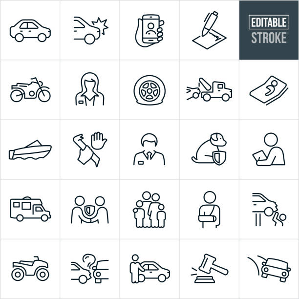 Auto Insurance Thin Line Icons - Ediatable Stroke A set of auto insurance icons that include editable strokes or outlines using the EPS vector file. The icons include a male and female insurance agent, car, wrecked car, an agent on a smartphone screen, agreement, motorcycle, boat, motorhome, ATV, flat tire representing roadside insurance, tow-truck, injured patient in hospital bed, car accident, theft, pet dog, family, broken arm, injured person, rental car and gavel to name a few. flat tire stock illustrations