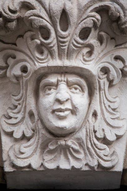 Close-up of an ornate sculpture on the exterior of a building in the historic town of Bamberg in Germany.