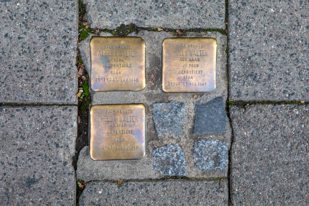 Bamberg, Germany - October 22nd 2019: Stolpersteins, or Stumbling Blocks, in Bamberg, Germany. Stumbling blocks are plaques in the ground inscribed with the name and dates of victims of Nazi extermination or persecution.