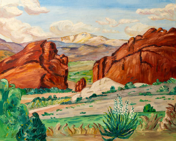 wielki kanion pustynny naiwny obraz olejny - nevada desert landscape cactus stock illustrations