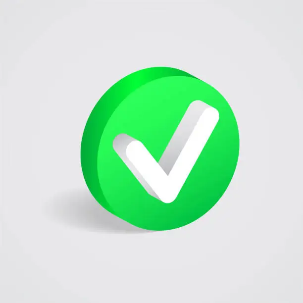 Vector illustration of Positive checkbox green icon isolated on white background. 3d symbol of confirmation for web-site design and apps. Checked sign, verified info mark. Ok button with acceptance meaning. Approved access.