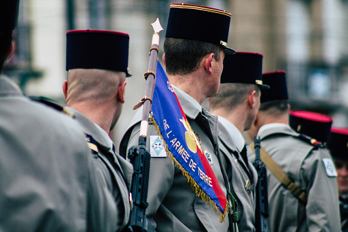 Reims France November 11, 2019 View of soldiers participating in the commemoration ceremony of the Armistice in the morning in Reims