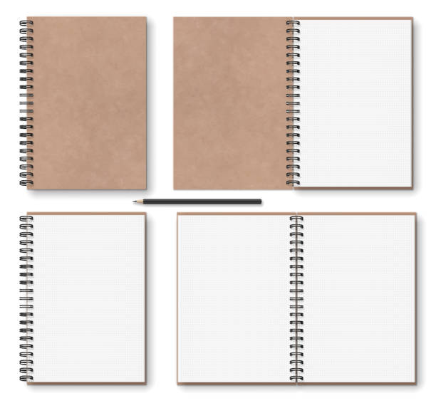 brown paper notebook with black metal spiral on left and wooden pencil realistic blank open, closed brown kraft paper texture notebook with black metal spiral on left, wooden pencil, above view, stock vector illustration clip art objects set isolated on white background opening stock illustrations