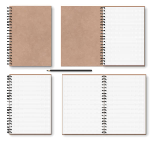 brown paper notebook with black metal spiral on left and wooden pencil realistic blank open, closed brown kraft paper texture notebook with black metal spiral on left, wooden pencil, above view, stock vector illustration clip art objects set isolated on white background open letter icon stock illustrations
