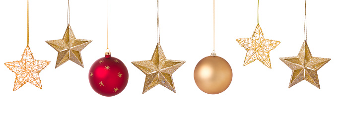 Christmas holiday set of elegant red and gold baubles and star ornaments isolated on white