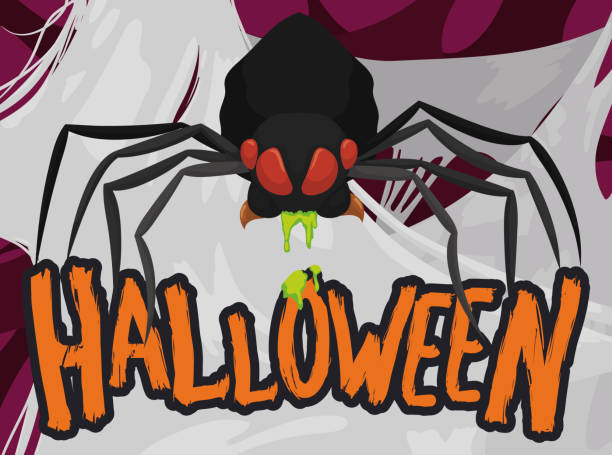 ilustraciones, imágenes clip art, dibujos animados e iconos de stock de araña feroz y delgada en su web celebrando halloween - vile