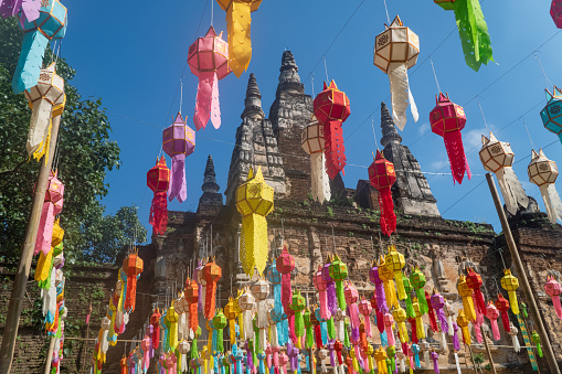 Yee Peng Festival (Yi Peng) Chiang Mai. Paper lanterns decorated in Jed-Yod temple.