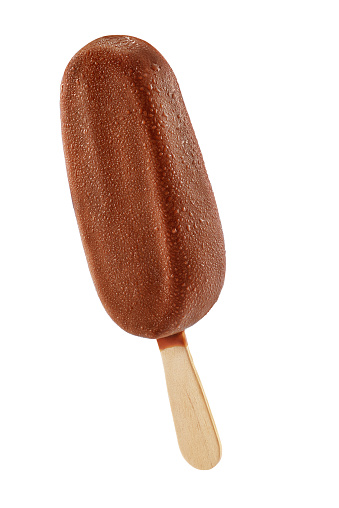 Brown chocolate ice cream popsicle with dew isolated on white background