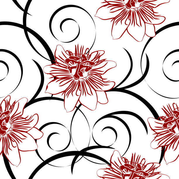nahtloses muster mit roter passionsblume - seamless effortless retro revival backgrounds stock-grafiken, -clipart, -cartoons und -symbole