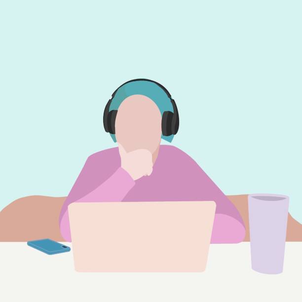 Freelance women working and listening a music vector art illustration