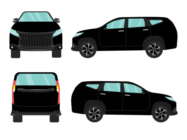 白い背景に黒いsuv車のビューのセット,イラストベクトル,側面,前面,背面, - car hybrid vehicle isolated new点のイラスト素材／クリップアート素材／マンガ素材／アイコン素材