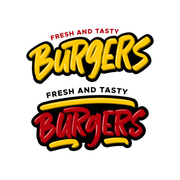 burgery ręcznie rysowane nowoczesny napis szczotkowy. tekst logo ilustracji wektorowej dla firm, druku i reklamy - hamburger bun barbecue sign stock illustrations