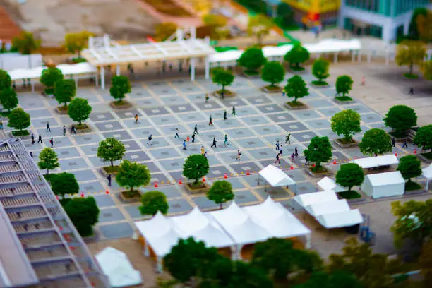 A cityscape at the urban street daytime high angle tiltshift. Koutou district Ariake Tokyo Japan - 10.16.2019 : It is a center of the city in tokyo.