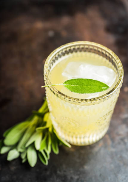 istock Gin based sweet old-fashioned cocktail mandarin juice and sage leaves on the rustic background 1187065140