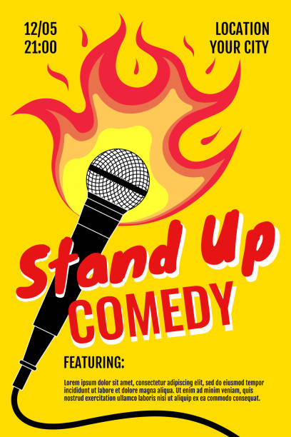 ilustraciones, imágenes clip art, dibujos animados e iconos de stock de stand up comedy night live show a3 a4 plantilla de diseño de póster. micrófono de pie con fuego sobre fondo amarillo. bromas calientes folleto conceptual asado. ilustración vectorial del evento del micrófono abierto - monólogos cómicos