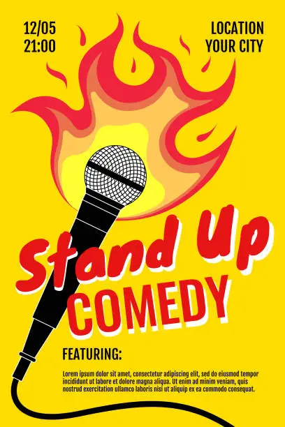 Vector illustration of Stand up comedy night live show A3 A4 poster design template. Standup microphone with fire on yellow background. Hot jokes roast concept flyer. Vector open mic event illustration