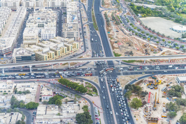 istock Traffic on the highway, aerial overhead view 1187067506