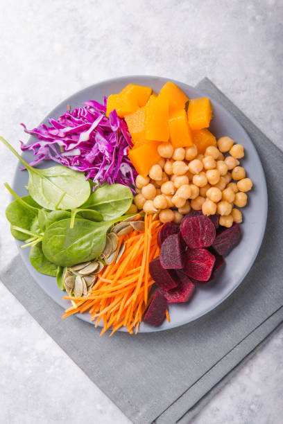 istock Buddha Bowl with  chickpea, beetroot, fresh spinach, pumpkin and purple cabbage. Concept for  healthy vegetarian detox balanced  meal. Top view. Copy space. 1187071396
