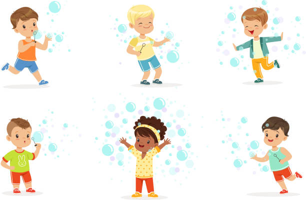 дети играют с мыльными пузырями. иллюстрация вектора - soap sud bubble mid air circle stock illustrations