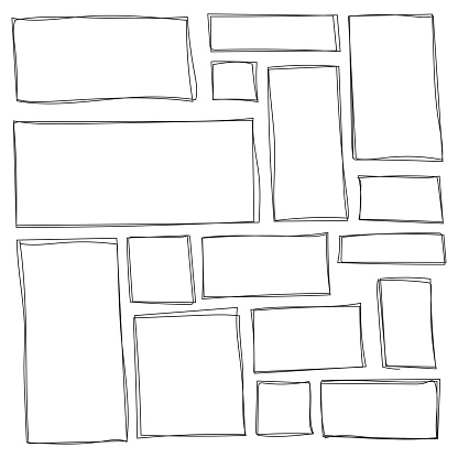 Set of freehand drawn horizontal and vertical rectangles and squares drawn by felt-tip pen. Text box and frames. Vector illustration.