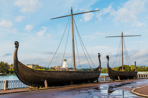 Old Wooden Viking Boat on seashore