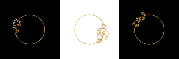 ilustrações, clipart, desenhos animados e ícones de defina o emblema e o ícone do frame do ouro da flor de rosa no estilo linear na moda - emblema do logotipo do vetor de rosebud - rose metallic plant flower
