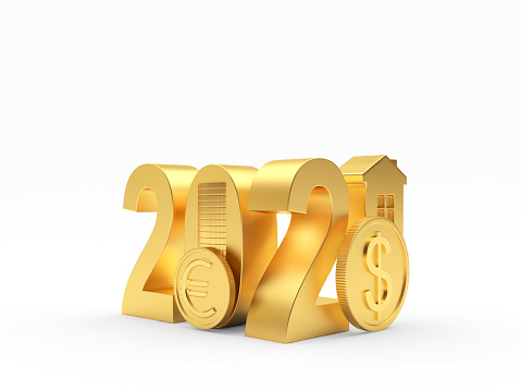 2020 golden numbers with house icon and euro and dollar coins isolated on white. 3D illustration