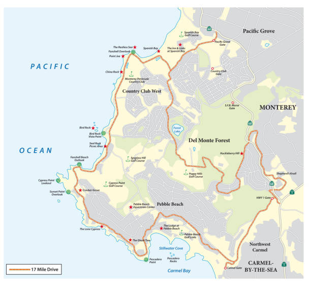 Map of Seventeen Mile Drive a scenic road through Pebble Beach and Pacific Grove on the Monterey Peninsula in California Map of Seventeen Mile Drive a scenic road through Pebble Beach and Pacific Grove on the Monterey Peninsula in California pacific grove stock illustrations