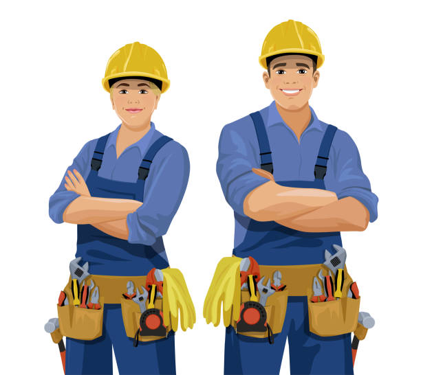 Workers set_2 Set of male and female workers with tools. Cartoon smiling work man and woman, builder wearing safety helmet, coveralls and toolbelt. Vector illustration isolated on the white background woman wearing tool belt stock illustrations