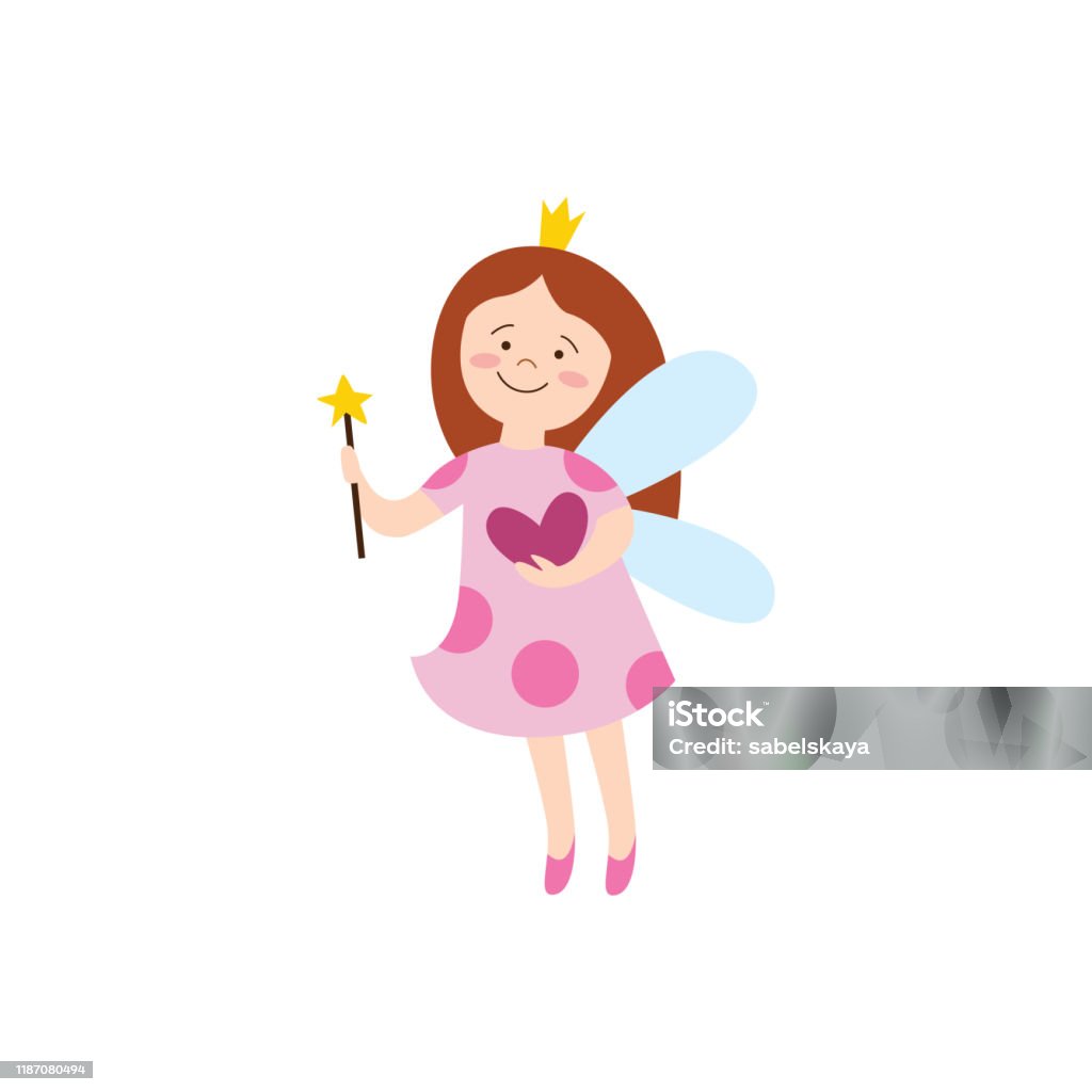Beautiful Fairy Girl With Crown And Magic Wand Holding A Heart Cute Cartoon  Girl In Fantasy Clothes Stock Illustration - Download Image Now - iStock