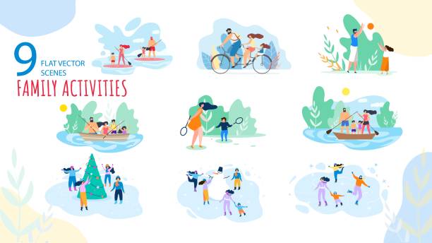 Vacation Family Activities Scenes Flat Vector Set Summer, Winter Vacation Family Activities Trendy Vector Isolated Scenes Set. Parents with Kids Paddle Boarding, Riding Bicycle, Fishing on Boat, Playing Games, Ice-Skating Around Snowman Illustration leisure activity illustrations stock illustrations