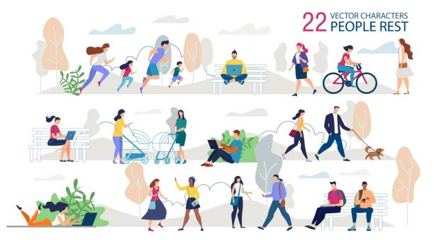 Resting Outdoors People Characters Flat Vector Set Resting Outdoors People Characters Trendy Vector Set. Parents with Children Jogging Together, Students, Freelancers Sitting on Bench, Couple Walking with Dog, Ladies Meeting in Park Illustration lifestyle illustrations stock illustrations