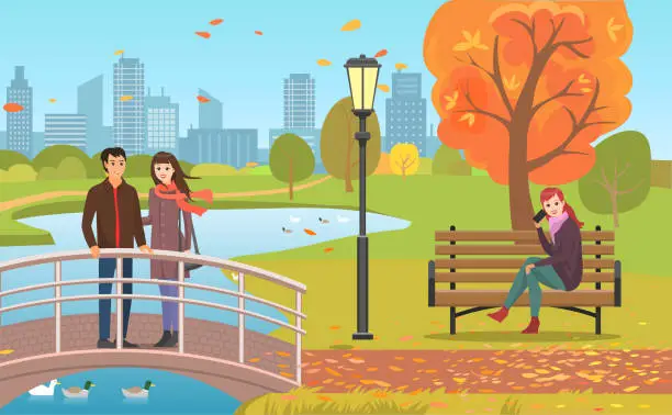 Vector illustration of Autumn Park with Pond, Couple and Woman on Bench
