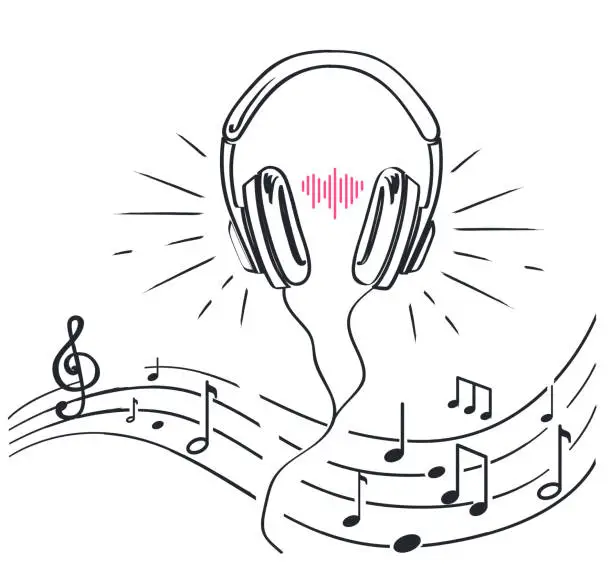 Vector illustration of Headphones, Sheet Music Notes Monochrome Sketches