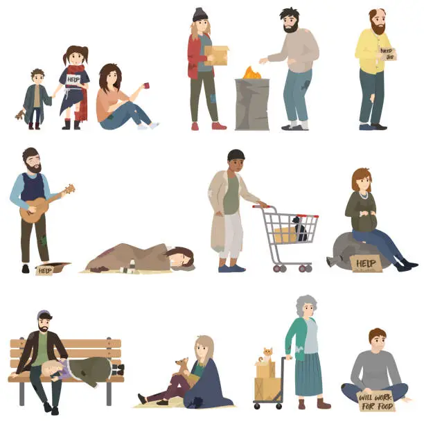 Vector illustration of Homeless. Sad jobless people in dirty clothes begging money and needing help.