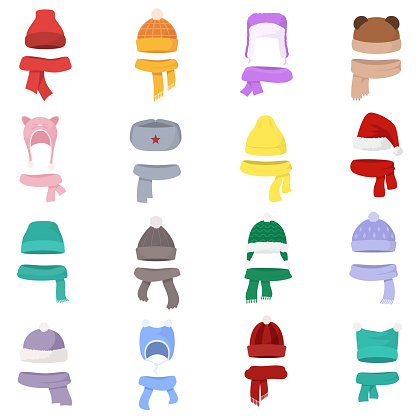 Hats and scarves of various shapes set. Winter clothes. Set hat and scarf in one style. isolated vector illustration