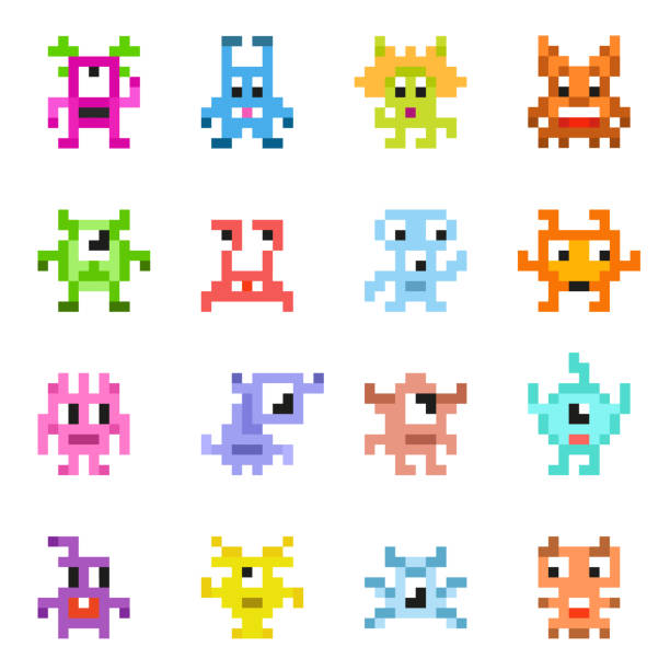 pixel 8-bit monster-set. verschiedene quadratische retro-monster von pixeln. minimalistische niedliche charaktere. - mega pixels stock-grafiken, -clipart, -cartoons und -symbole