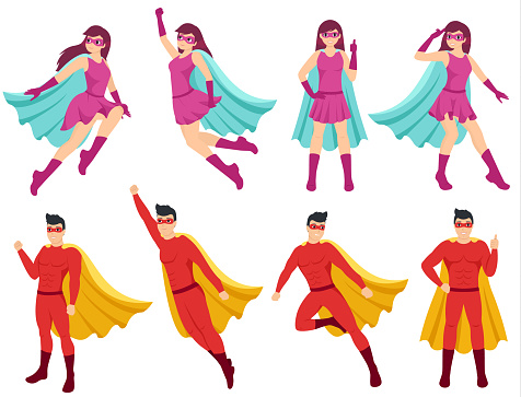 Superheroes set. Woman and man are superhero with different poses. Super girl and super guy wearing costumes and capes.