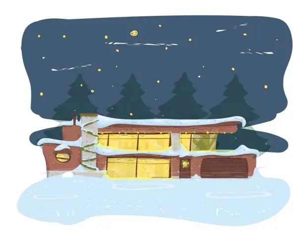 Vector illustration of Suburban House Covered with Snow New Year Night