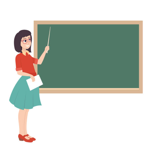 黒板の近くにポインタを持つ女性教師。学校の授業。孤立ベクトルの図 - pointer stick illustrations点のイラスト素材／クリップアート素材／マンガ素材／アイコン素材