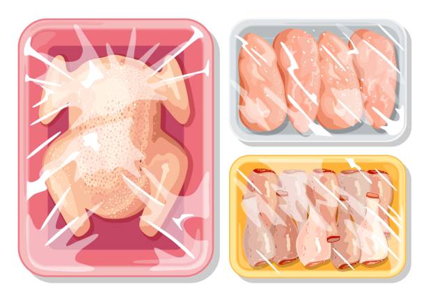 肉のプラスチックパッケージで設定された大きなベクターセット, 食品を安全に保つために家禽 - fillet点のイラスト素材／クリップアート素材／マンガ素材／アイコン素材