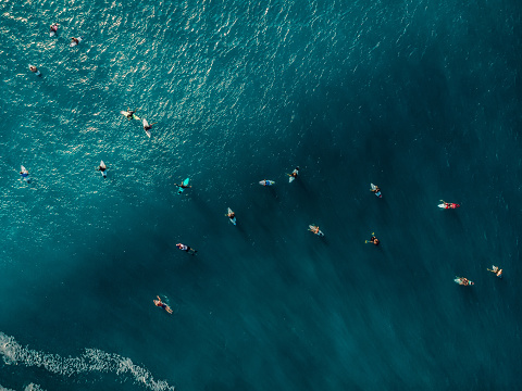 Aerial view with surfers and wave in crystal blue ocean. Top view