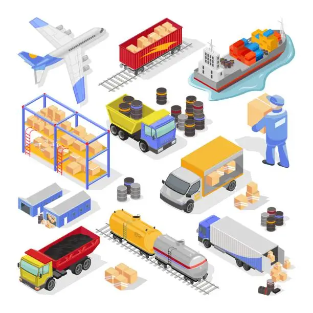 Vector illustration of Big vector isometric set with types and stages of delivery, logistics for infographics, web design