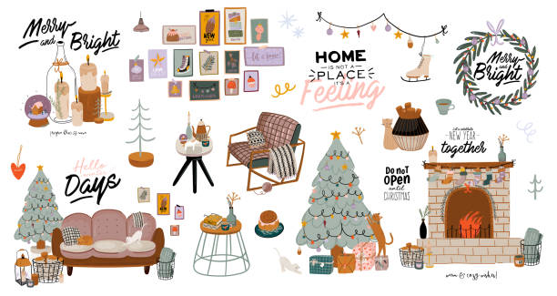 ilustrações de stock, clip art, desenhos animados e ícones de scandinavian interior with december home decorations - wreath, cat, tree, gift, candles, table. cozy winter holiday season. cute illustration and christmas typography in hygge style. vector. isolated. - fire place
