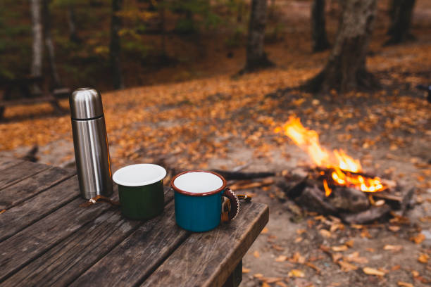 istock tea coffee and thermos at campsite 1187090236