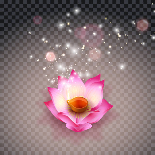 lotus öl lampe indisch. diwali festival brennenlampen, bokeh und licht. blumenkerze auf transparentem hintergrund. vektor-illustration - religious celebration flash stock-grafiken, -clipart, -cartoons und -symbole