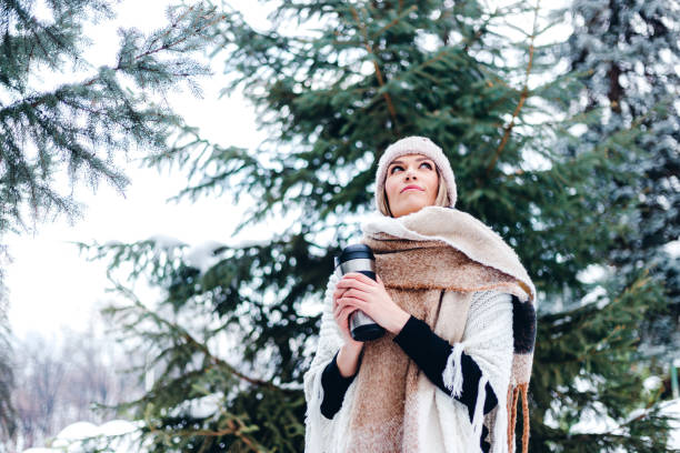 Portrait of a young beautiful woman with thermos in the snow.